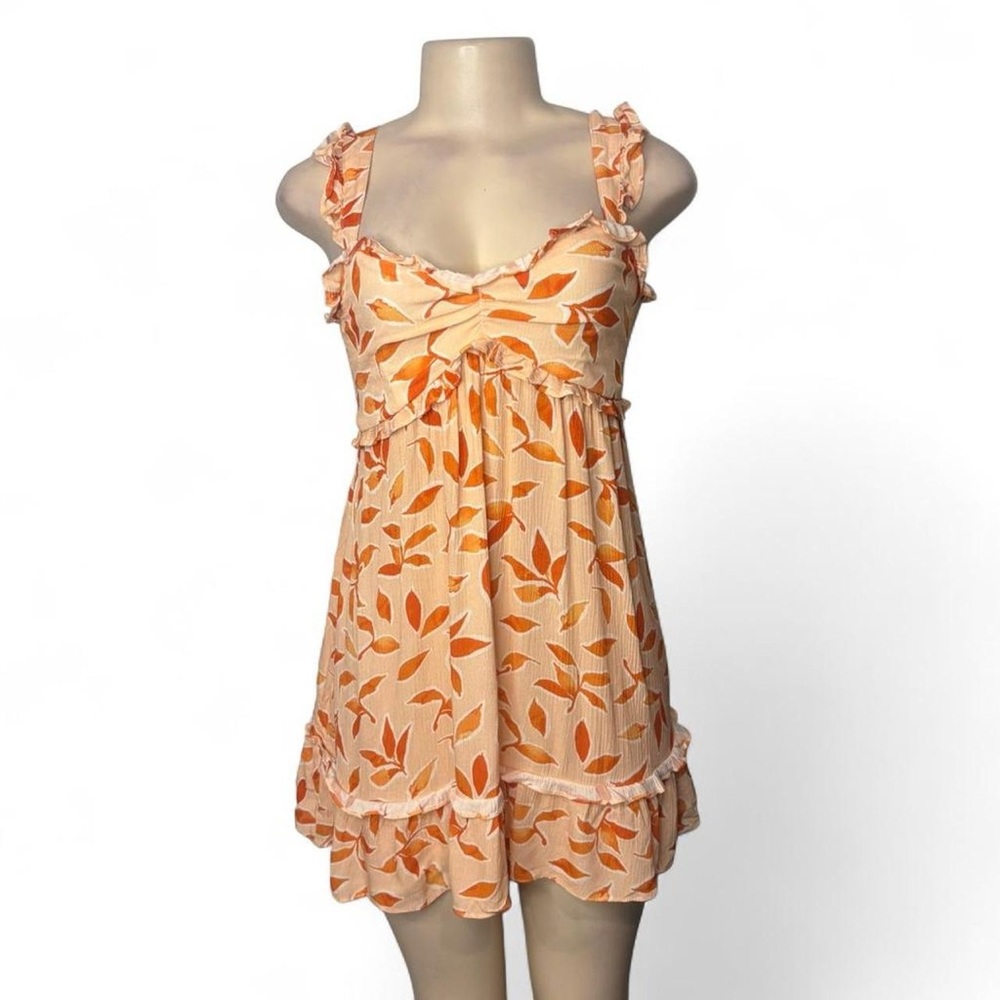 Peach and Orange Leaf-Print Mini Dress